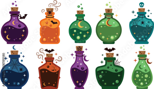 Halloween Magic Potion Bottle Collection Vector Set Featuring Witch Elixirs, Poison Flasks, Glowing Brews, Bats, Spider Webs and Fantasy Alchemy Icons