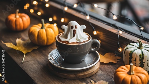 Halloween themed coffee cup with ghost on top and pumpkins around on wooden table