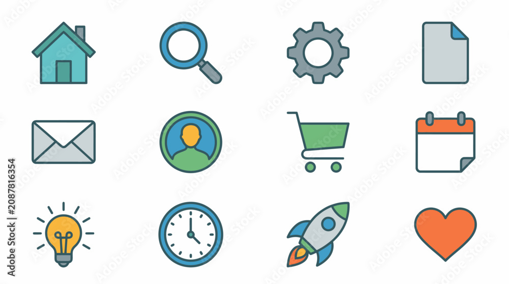 Fototapeta premium A collection of various modern icons depicting everyday objects and symbols