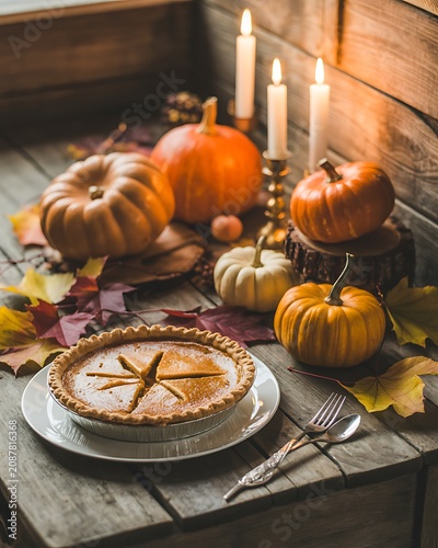 Pumpkin pie on a table with pumpkins and candles autumn fall thanksgiving dinner