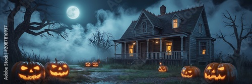 Spooky old house with jackolanterns on a foggy Halloween night outdoors