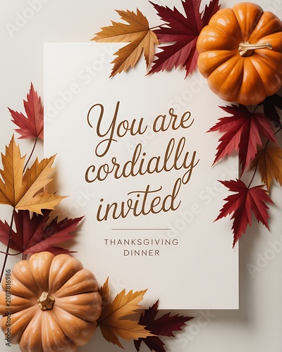 Thanksgiving dinner invitation card with pumpkins and colorful autumn leaves on white background