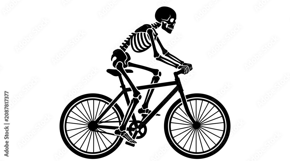 Fototapeta premium Helloween Skeleton riding bicycle, black vector icon, bone character, cycling skeleton vector