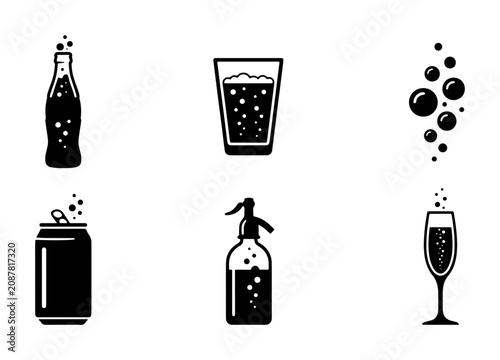 Fotografie Soda Icons Set: Bottle, Can, Glass, Seltzer, Champagne Flute, Bubbles Vector Gra