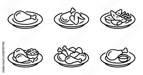 Obraz na plátne Chicken Food Icons, Six Plate Illustrations, Simple Line Art, Delicious Meal Gra