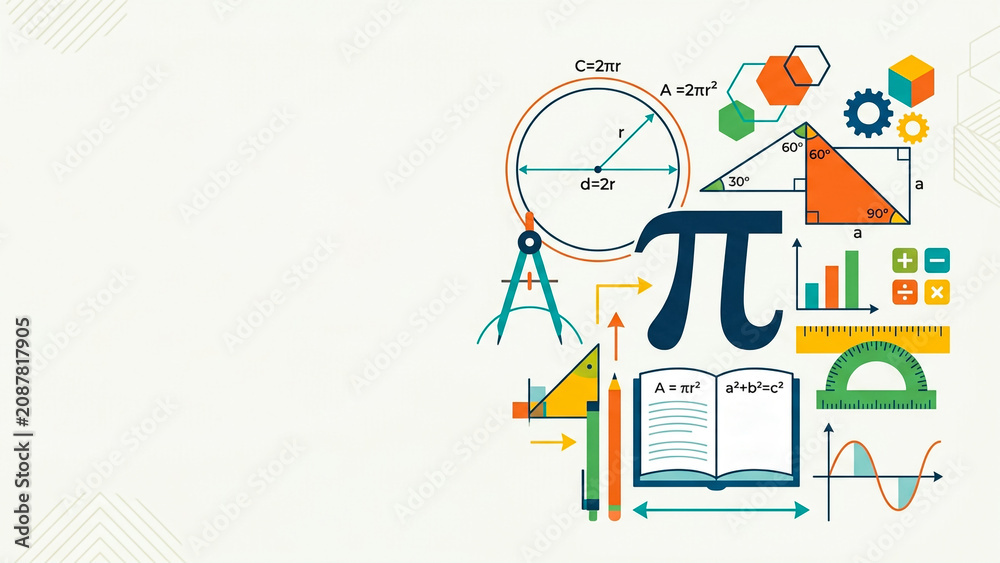 Obraz premium Pi symbol mathematics background with geometry elements, formulas, and copy space for education, science, engineering, and STEM concepts.