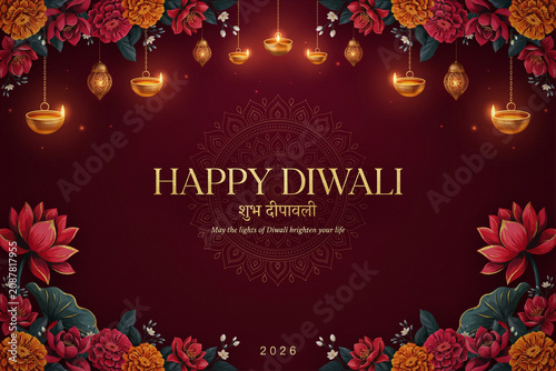 Happy Diwali 2026 greeting card, elegant maroon background with hanging diya oil lamps and lotus flowers, traditional Indian festival of lights banner
