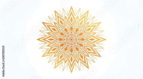 Golden Orange Sunburst Wheel Emblem with Sharp Rays on a Bright White Background. Elegant Metallic Gold Starburst Crest, Geometric Award Badge Design Element.