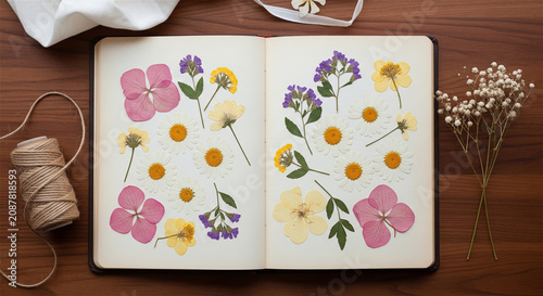 Vintage herbarium with pressed flowers in open notebook, dried botanical specimens on paper, rustic floral scrapbook on wooden table