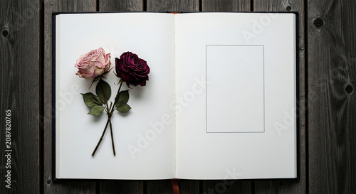 Vintage open notebook with dried roses on dark wood, romantic flat lay journal with blank pages, nostalgic floral stationery mockup