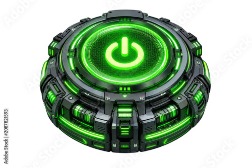 Futuristic Sci-Fi Power Button with Glowing Green Neon Light