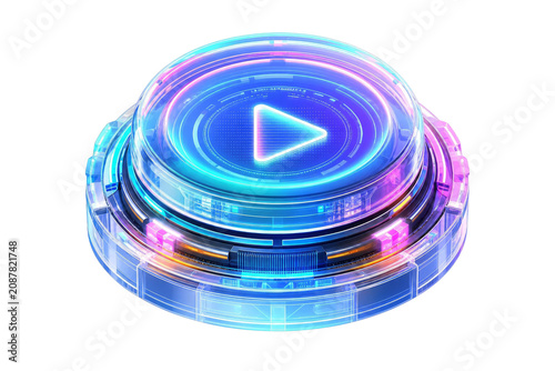 Futuristic 3D Neon Play Button with Sci-Fi Digital Interface Design