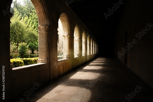 A long corridor with a garden at one end and a dark entrance at the other, dramatic lighting.