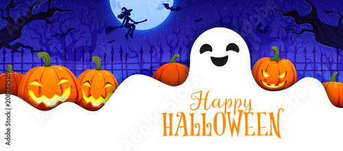 Schilderij op canvas Halloween paper cut vector banner with cute smiling ghost rising among glowing jack o lanterns under a full moon
