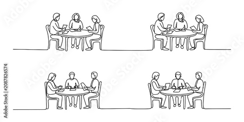 Continuous line drawing of four groups of people sitting at round tables in business meetings or social gatherings on white background Vector, illustration