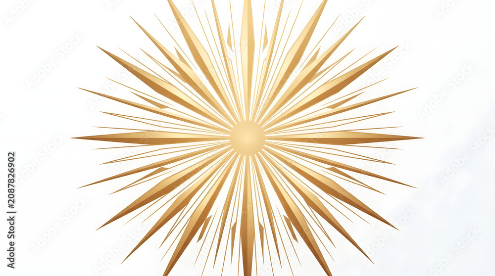 Obraz premium Golden Sunburst Geometric Mandala Element on Bright White Background. Elegant Gold Starburst Icon, Minimalist Metallic Sunburst Crest. 