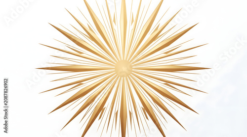Golden Sunburst Geometric Mandala Element on Bright White Background. Elegant Gold Starburst Icon, Minimalist Metallic Sunburst Crest. 