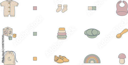Canvas Print Boho Eco Friendly Baby Care and Nursery Toy Icon Set Featuring Romper Socks Bib
