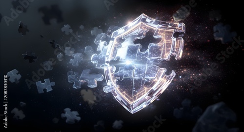 Transparent glowing shield formed by puzzle pieces floating in a dark space. Cybersecurity, protection, privacy, and secure data concept with futuristic sparkle particles.