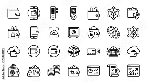 Cryptocurrency Wallet and Digital Payment Vector Icon Set Featuring Blockchain Security Online Transactions and Electronic Money Management Symbols