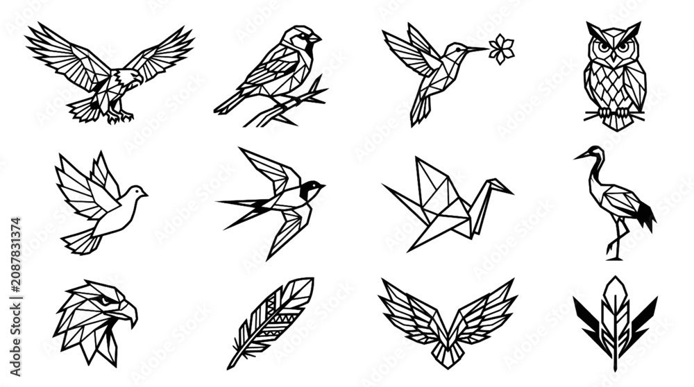Fototapeta premium Geometric Bird and Feather Vector Icon Set Featuring Black and White Polygonal Wildlife Illustrations and Low Poly Design Elements