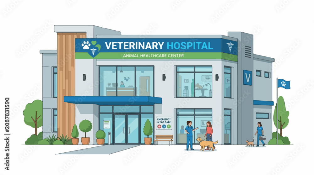 Fototapeta premium Friendly veterinary hospital building with blue white exterior in a cheerful cartoon style, welcoming pet care facility