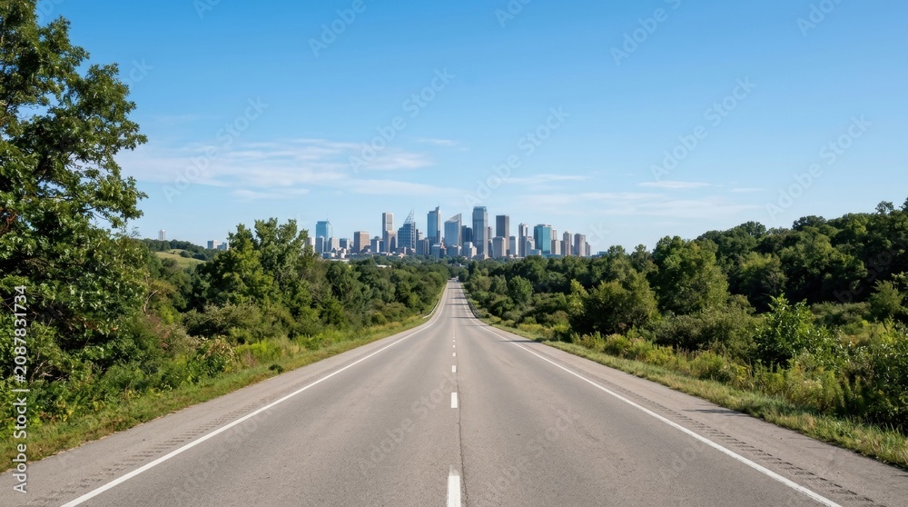 Naklejka premium Empty road clear blue sky background asphalt with city skyline