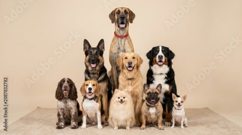 Group nine dogs all whom appear A of different smiling at the camera