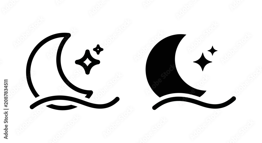 Naklejka premium Set of moon and stars icons with wavy line night sky celestial sleep dream weather fantasy themed black and white flat vector graphic elements celestial isolated crescent
