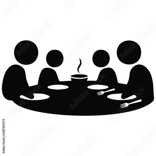 Family dining together at round table silhouette vector illustration showing simple icon.