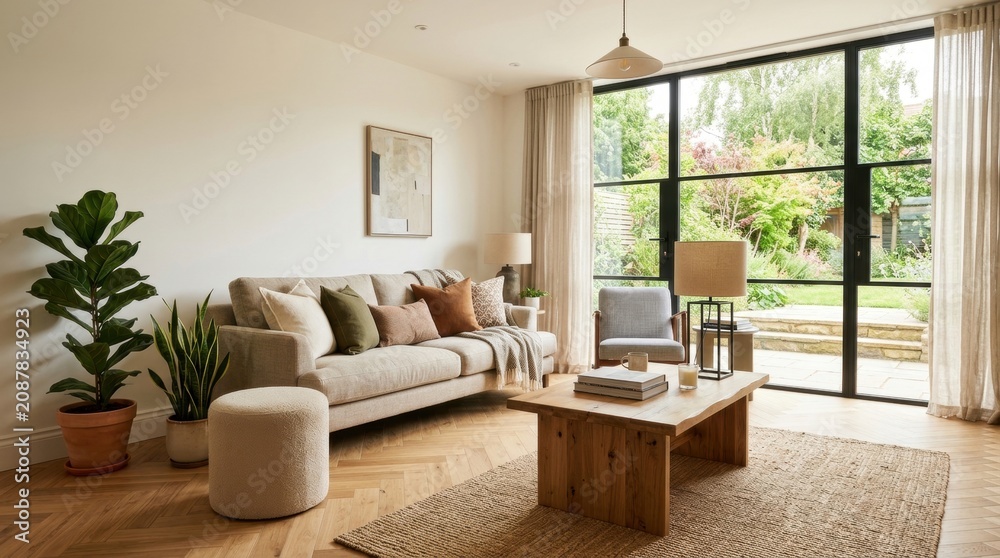 Fototapeta premium Modern living room large window right Relax in a British residence with laminate flooring