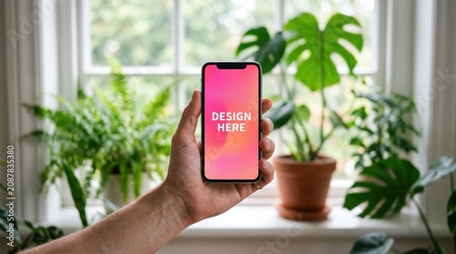 Person hand holding iPhone X front with blank screen mockup for design preview