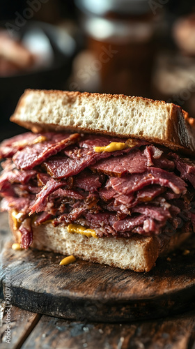 Pastrami sandwich piled high with thinly sliced smoked meat and yellow mustard on toasted rye bread sits on a rustic wooden cutting board, showcasing a hearty lunch option for a deli menu.