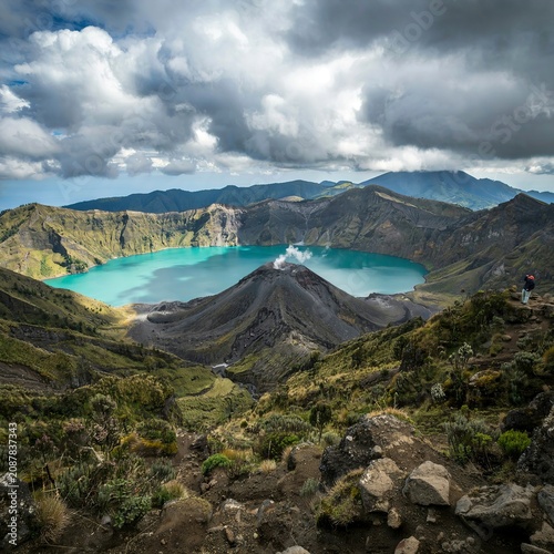 Aerial View of Mount Rinjani Volcano Crater Lake with Smoking Cone, Lombok Indonesia
