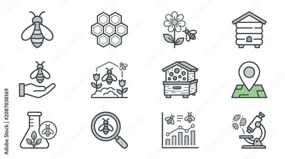 Fototapeta premium Bee, honey, and beekeeping line art icon set.