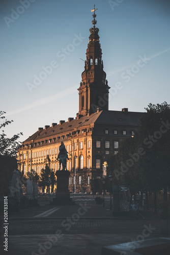 Christiansborg  view in copenhagen at sunrise with sunlight on the facade