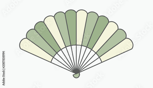 Traditional decorative folding fan with alternating green and beige segments fully open and isolated on a light neutral background.