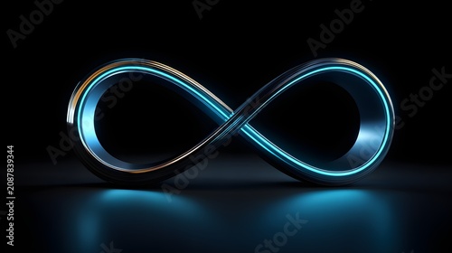 Glowing blue infinity loop with metallic sheen on dark background with background subtle reflections sheen set with technology, abstract,