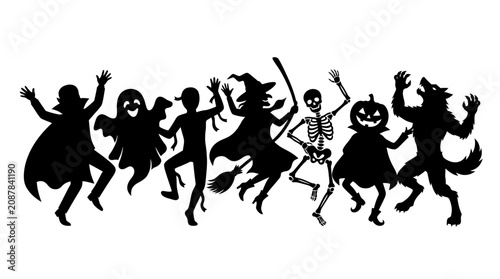 Helloween Halloween characters, dancing silhouettes, black vector icons, spooky figures, party graphics Vector