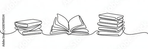 Continuous line drawing of stacked books and an open book symbolizing knowledge and learning