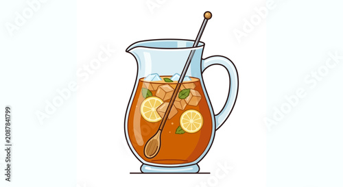 Summer iced tea pitcher with fresh lemon slices and ice cubes