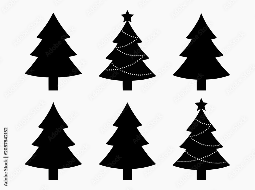 Fototapeta premium Set of Minimalist Black Christmas Tree Silhouette Icons for Holiday Design and Seasonal Graphic Projects