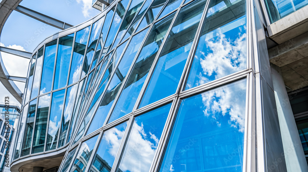 Obraz premium Modern futuristic glass building facade reflecting bright blue sky featuring beautiful white clouds showing contemporary corporate architectural design abstract urban background