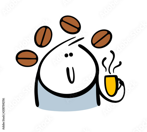 Cartoon stickman holds a mug of freshly brewed coffee at breakfast and enjoys the morning at home or at a local cafe. Vector illustration of a hot drink and coffee beans.
