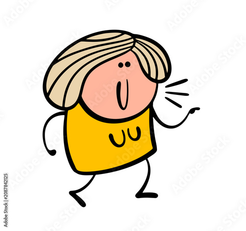 Cartoon young girl in a yellow dress draws attention to important information by pointing her finger. Vector illustration of a woman making a gesture, speaking or shouting. A positive mood.