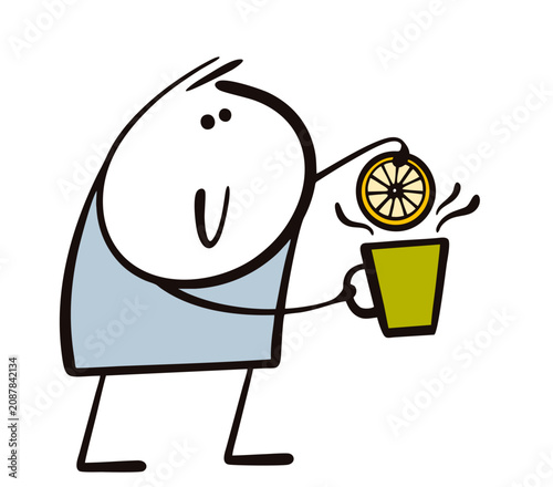 Cartoon stickman puts a slice of lemon in hot tea. Vector illustration of a drink, a man and a fruit with vitamin C. A funny character with a mug and coffee in a cafe at breakfast.  Good morning.