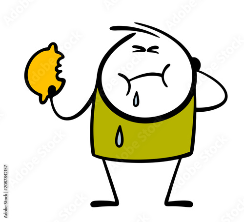Funny cartoon stickman took bite of fresh lemon and wrinkled up. Vector illustration of grimace on face from   sour fruit. Drool and juice run down my cheeks and drip. Healthy food rich in vitamin C.