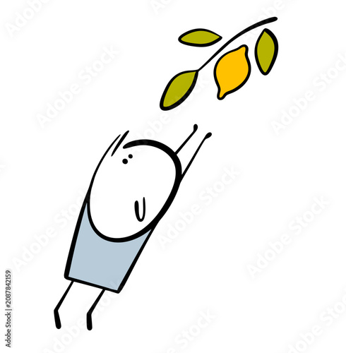 Cartoon funny character reaches for branch of tropical tree,  to pick yellow lemon. Vector illustration of healthy fruit growing in garden. Gardener and blooming nature. Farmer collects fresh lemons.
