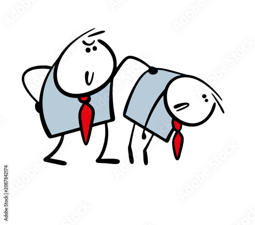 Group of people, two businessmen at work. Vector illustration of a cartoon sly man holding a loser colleague by the clothes. He has achieved success in business. Bullying and bullying of a partner.