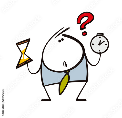 Confused man in a business suit looks at an hourglass and a stopwatch. Vector illustration of the timing. Funny loser at work in the office, success in business.